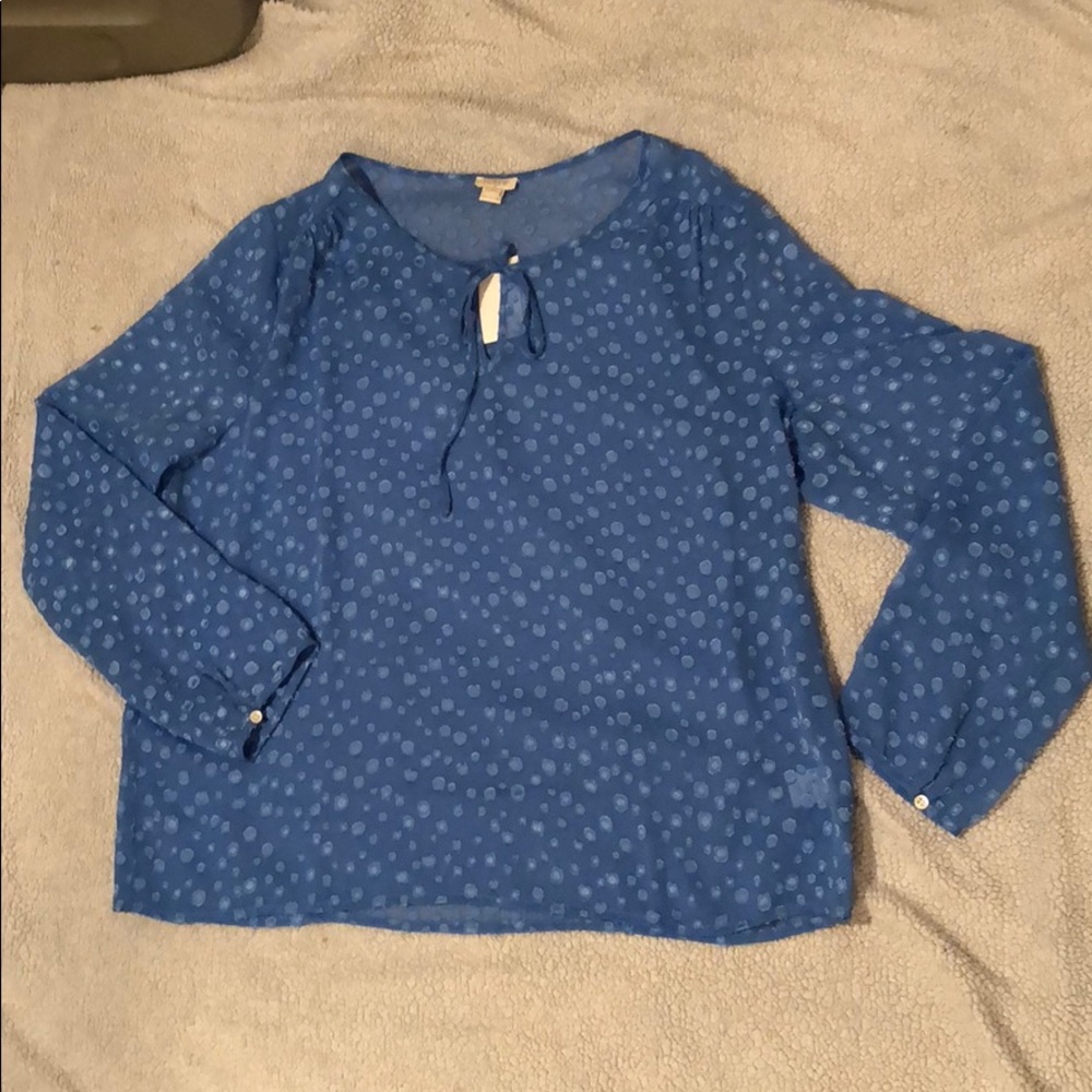 Blue sheer blouse with tie detail at the top.